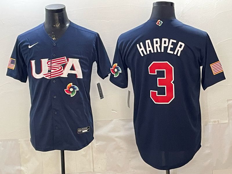 Men 2026 World Cub USA #3 Harper Blue Nike MLB Jersey style 008